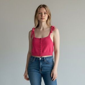JoosTricot Knit Cropped Top XS Coral Pink Button Front Tie‎ Strap Tank Linen